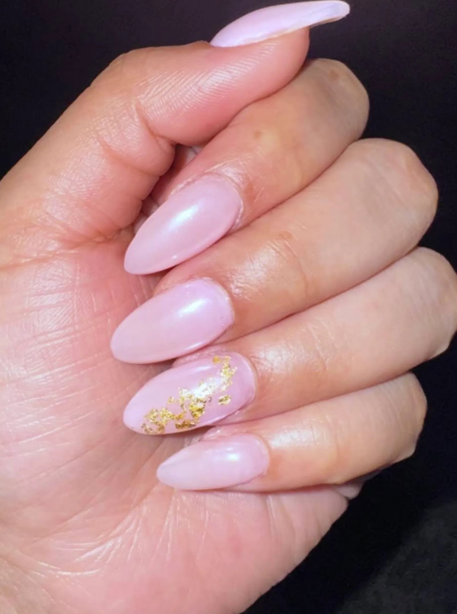 Blush pink shimmer nails with gold leaf accent